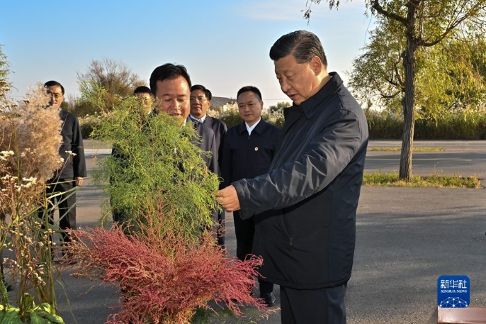 10月22日下午，中共中央总书记、国家主席、中央军委主席习近平在山东省济南市主持召开深入推动黄河流域生态保护和高质量发展座谈会并发表重要讲话。这是座谈会前，习近平20日下午在东营市黄河三角洲国家级自然保护区考察。 新华社记者 李学仁 摄