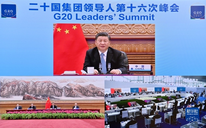 10月31日晚，国家主席习近平在北京继续以视频方式出席二十国集团领导人第十六次峰会。新华社记者 岳月伟 摄