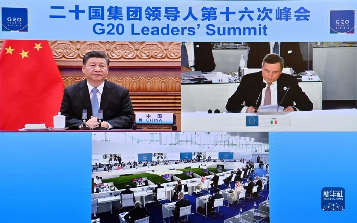 10月31日晚，国家主席习近平在北京继续以视频方式出席二十国集团领导人第十六次峰会。新华社记者 岳月伟摄