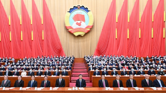 3月11日，中国人民政治协商会议第十四届全国委员会第一次会议在北京闭幕。这是习近平、李克强、栗战书、汪洋、李强、赵乐际、韩正、蔡奇、丁薛祥、李希、王岐山在主席台就座。新华社记者 谢环驰 摄