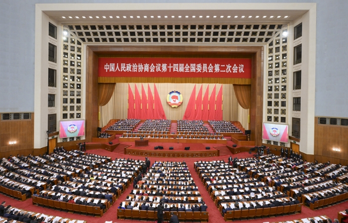 3月4日下午，中国人民政治协商会议第十四届全国委员会第二次会议在北京人民大会堂开幕。 新华社记者 李贺 摄